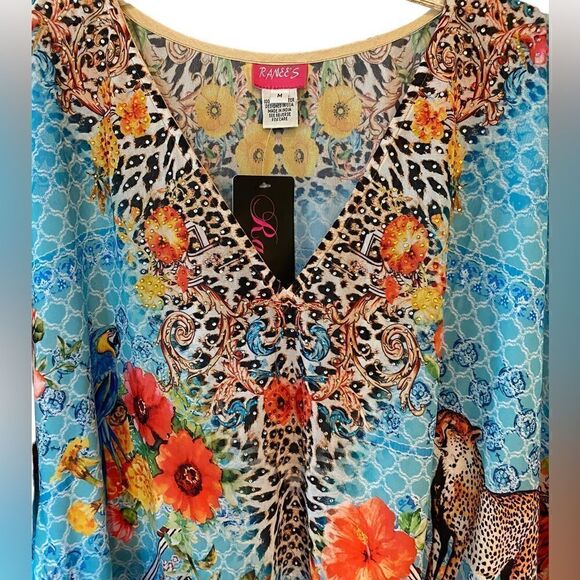 Ranee’s NWT M Blue Resortwear Beach Flowy Beaded Léopard Parrot Print Swim Cover - Picture 4 of 8